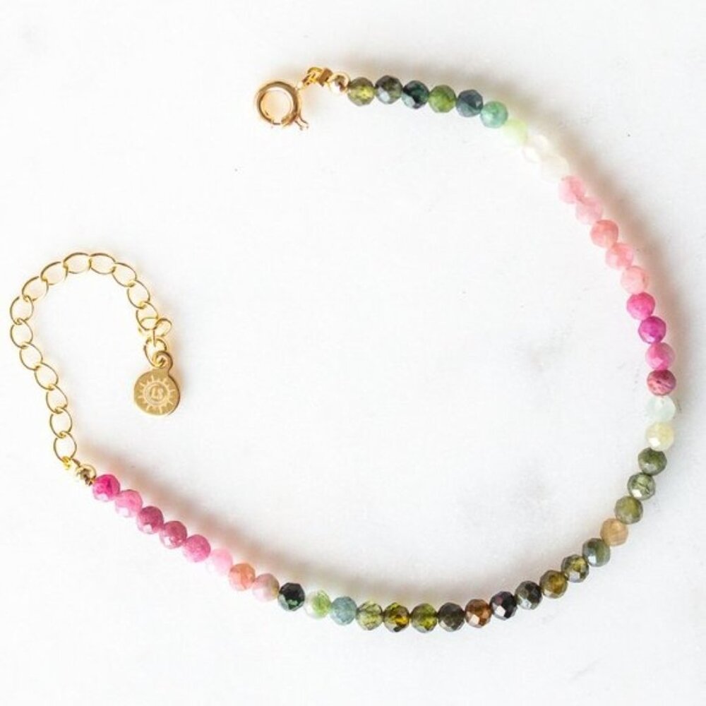 Gemstone Watermelon Tourmaline Bracelet Waterproof Non Tarnish Gold Gift for Her - Picture 8 of 10